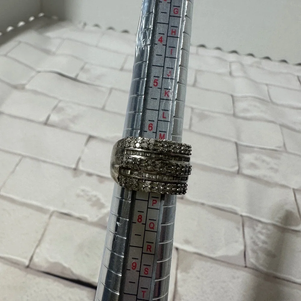 Sterling Silver 925 Multi Row Round Baguette Diamond Ring‎ Size 7